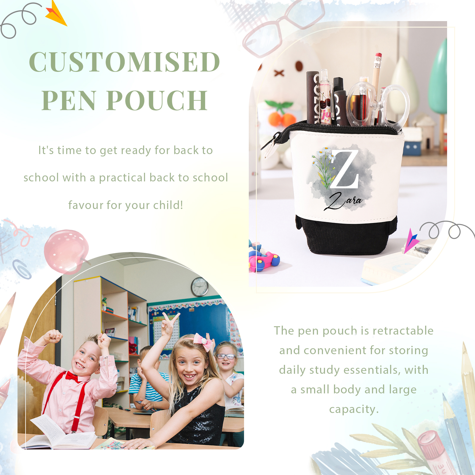 Personalized Pencil Case Custom Name & Letter & Birthday Flower Pen Pouch Back To School Gift for Kids