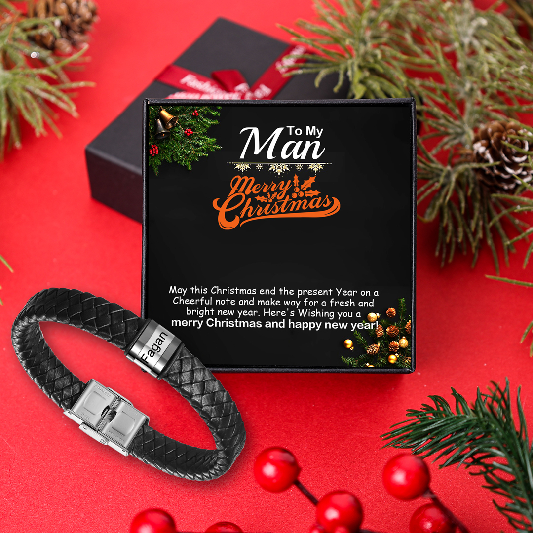 1 Names-Personalized Braided Leather Bracelet Set With Gift Box-Custom Men's Bracelet Engraved 1 Names Gift for Him