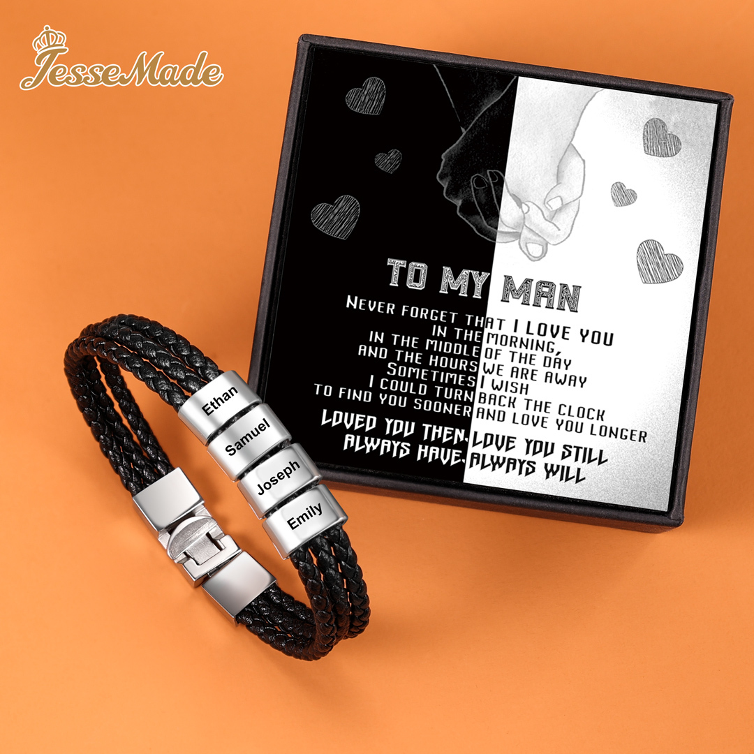 Personalized Braided Leather Bracelet Engraved 4 Names Men's Bracelet Gifts For Him