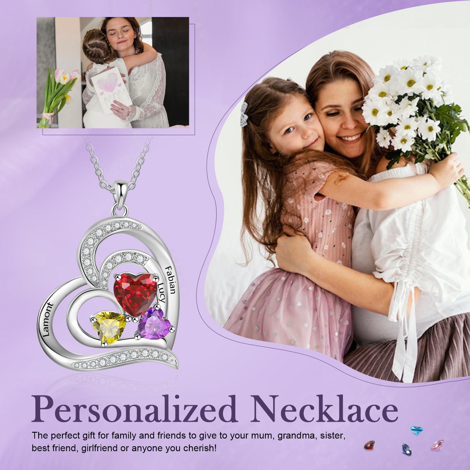 3 Names - Personalized Heart Necklace with Customized Names and Birthstone As Mother's Day Gift for Mom