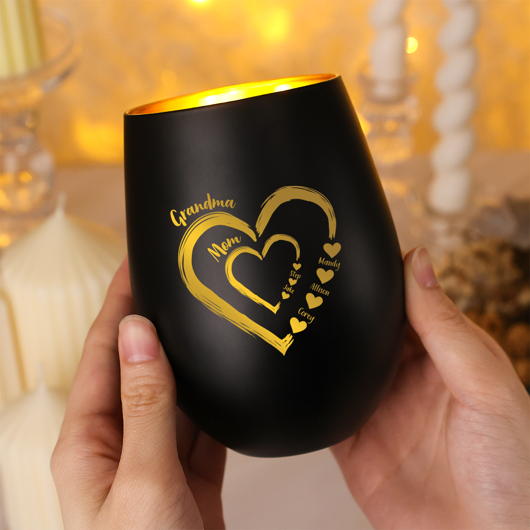 Personalized Glass Candle Holder Heart Print Custom With 2–18 Names Family Gift For Grandma Or Mom