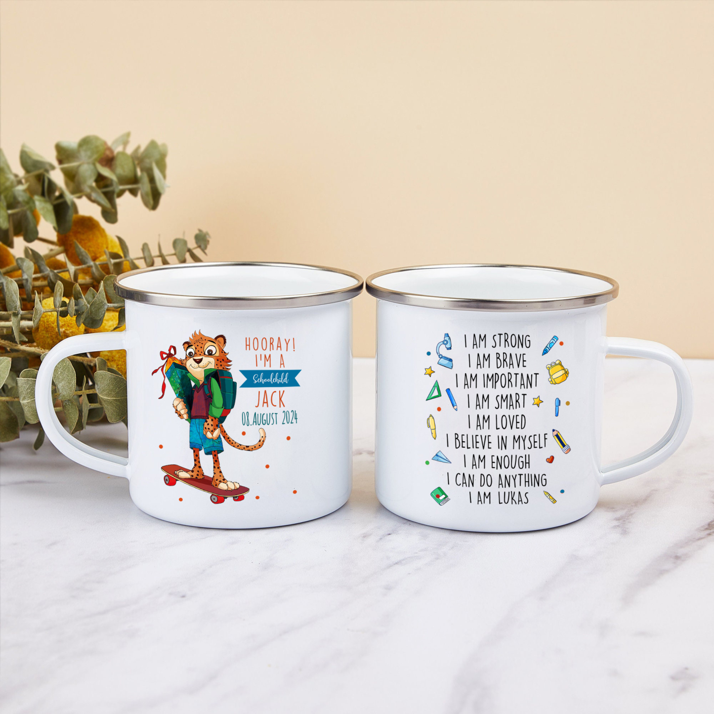 Personalized Name And Date Enamel Mug Leopard Pattern Back To School G