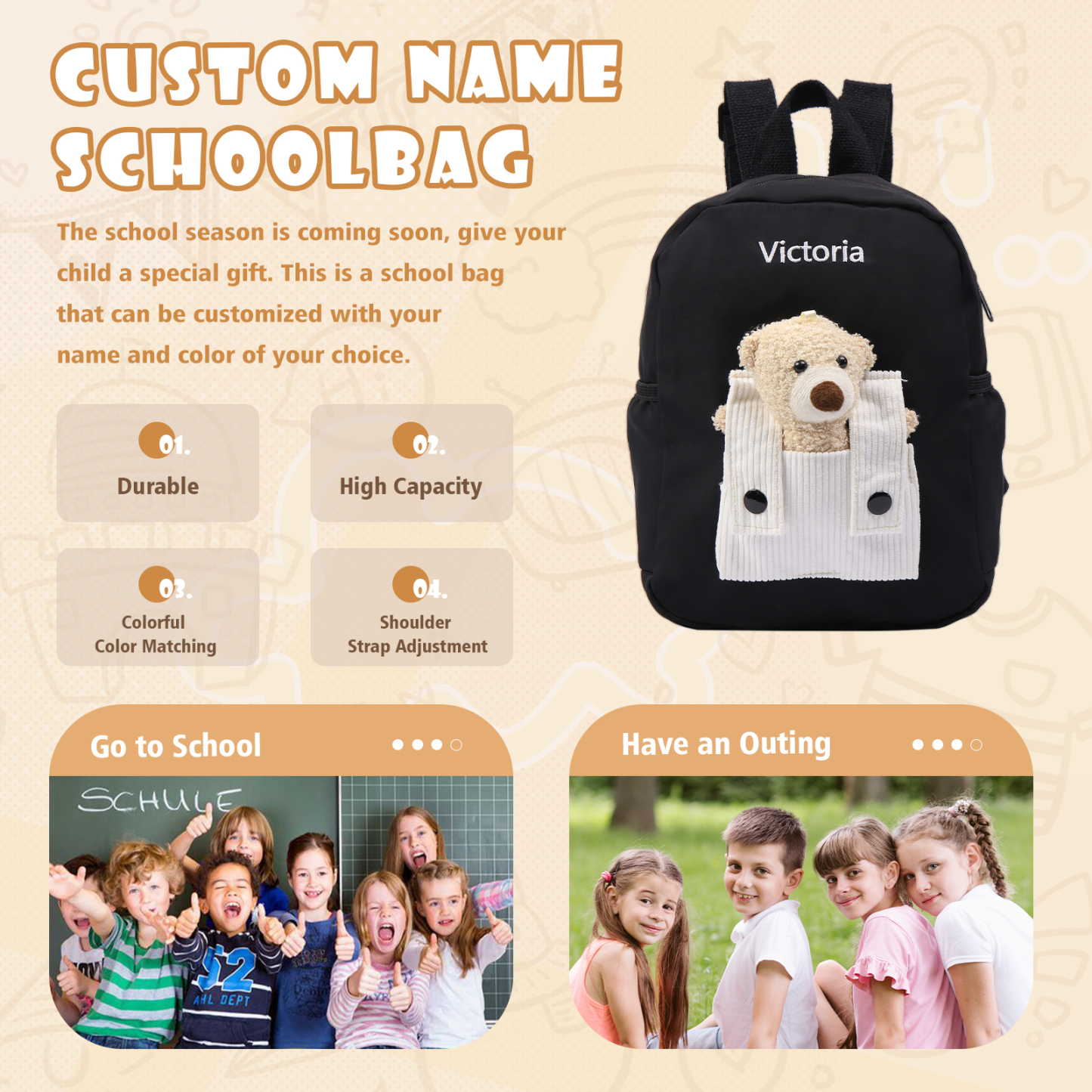 Personalized Bear Style School Bag Customized Name Canvas Kids Backpack Back to School Gift
