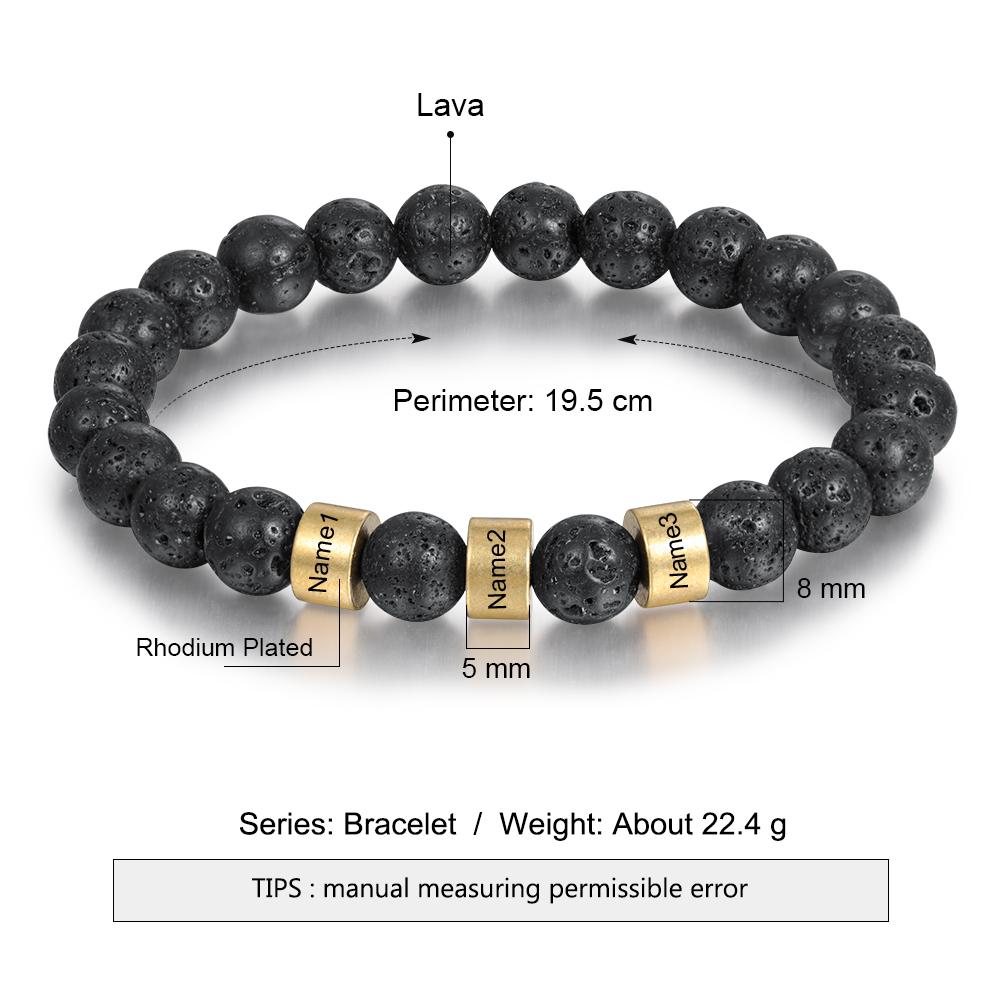 Black Lava Rock Beaded Bracelet Men Bracelet Custom 3 Names Gift for Dad