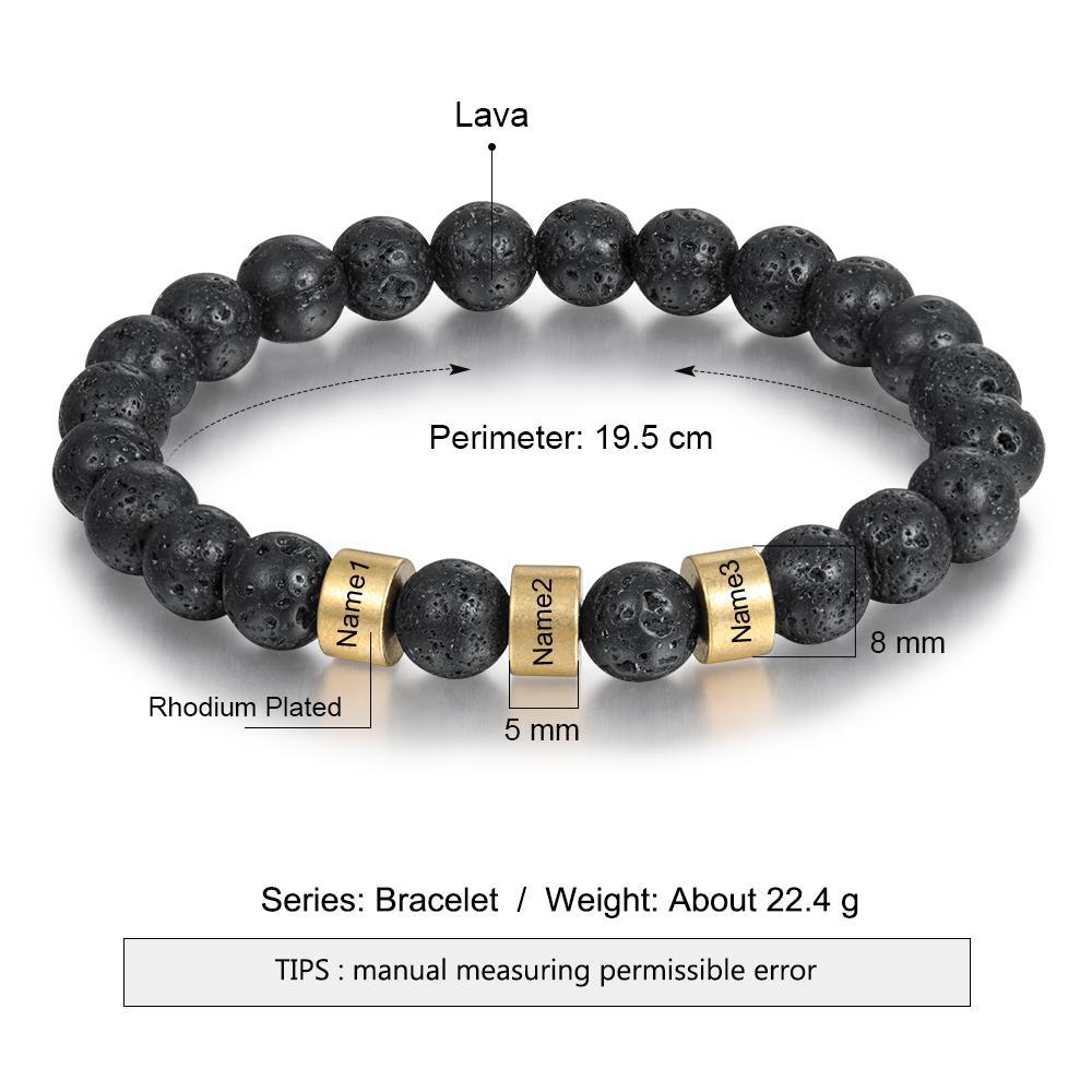 Black Lava Rock Beaded Bracelet Men Bracelet Custom 3 Names Gift for Dad