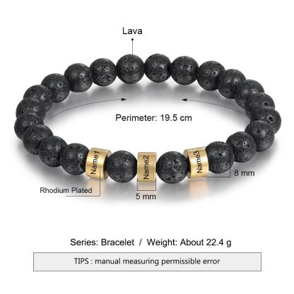 Black Lava Rock Beaded Bracelet Men Bracelet Custom 3 Names Gift for Dad