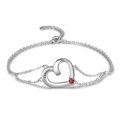 Personalized Heart Bracelet With 1 Birthstone Engraved Names Gift For Women