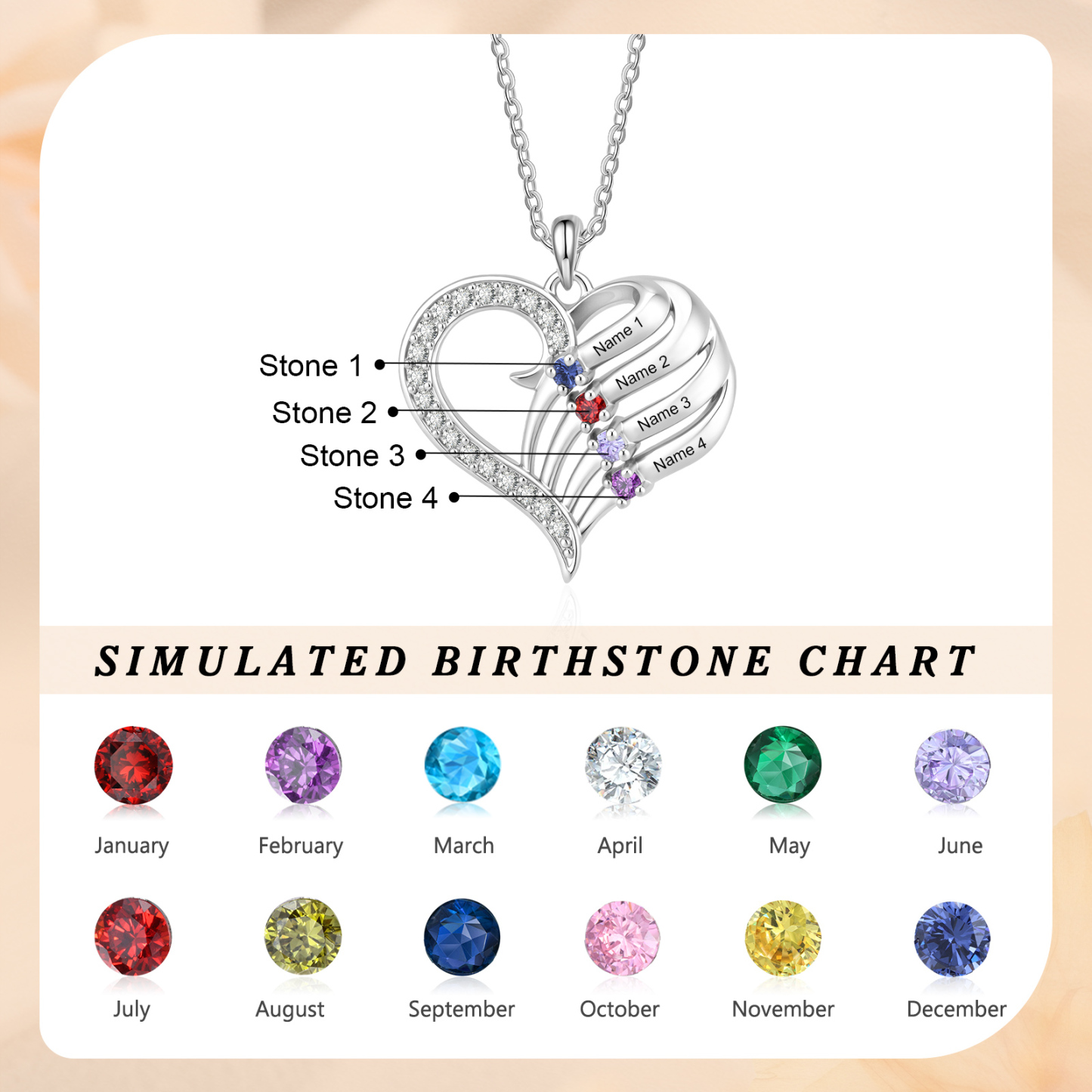Personalized Heart Necklace with Birthstones Custom with 2–4 Family Names