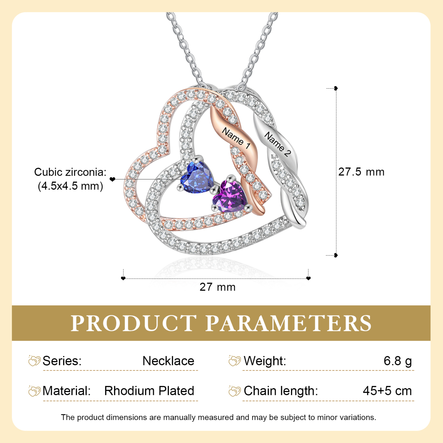 Personalized Heart-to-Heart Birthstone Necklace with Names – Custom Diamond Pendant Gift | Jessemade