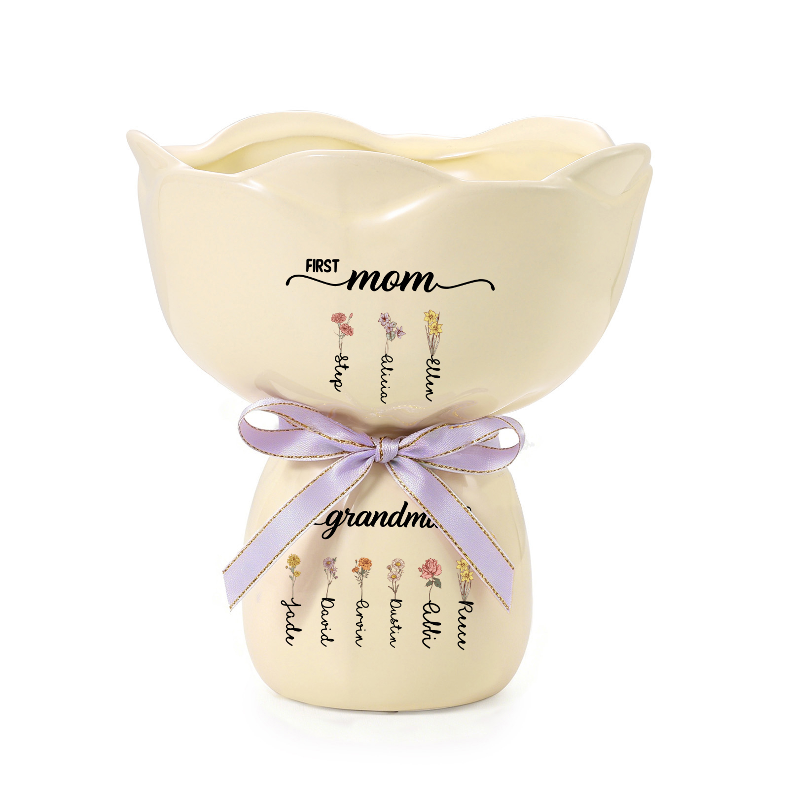 Personalized Bouquet Ceramic Birth Flower Vase with 2–12 Names for Mom or Grandma