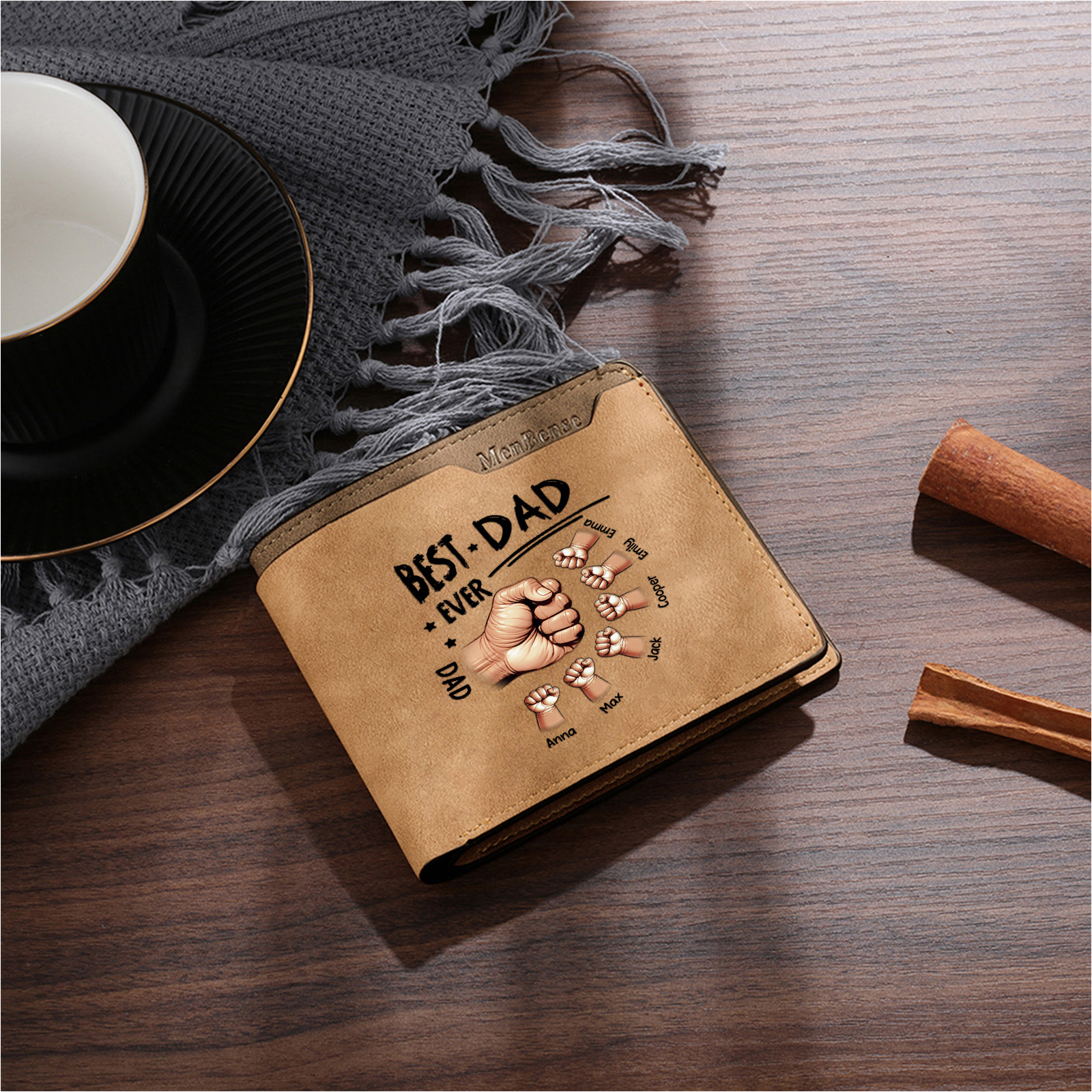 Best Dad Ever - Personalized Leather Wallet Custom 2-7 Names and Fist Bump| Father's Day Gift for Dad | Jessemade