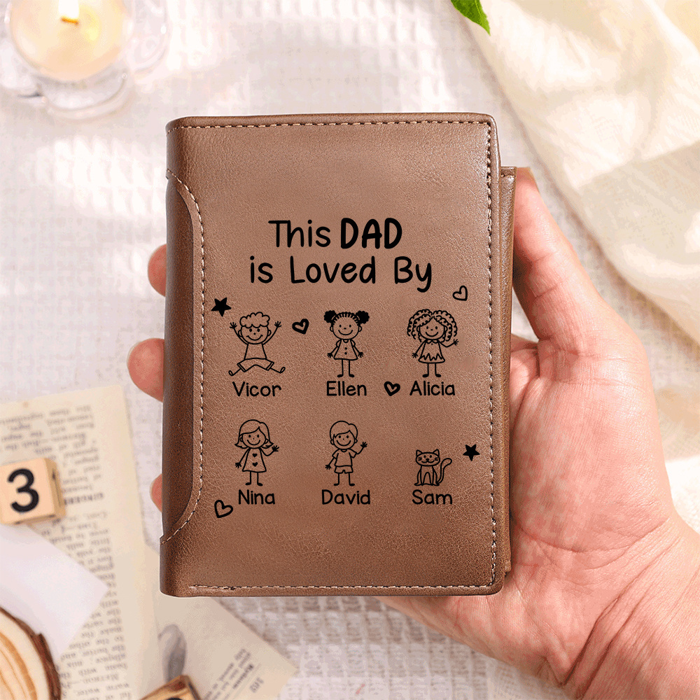 Personalized Trifold Leather Wallet Customized With 1-6 Children’s Names Gift For Dad Or Grandpa