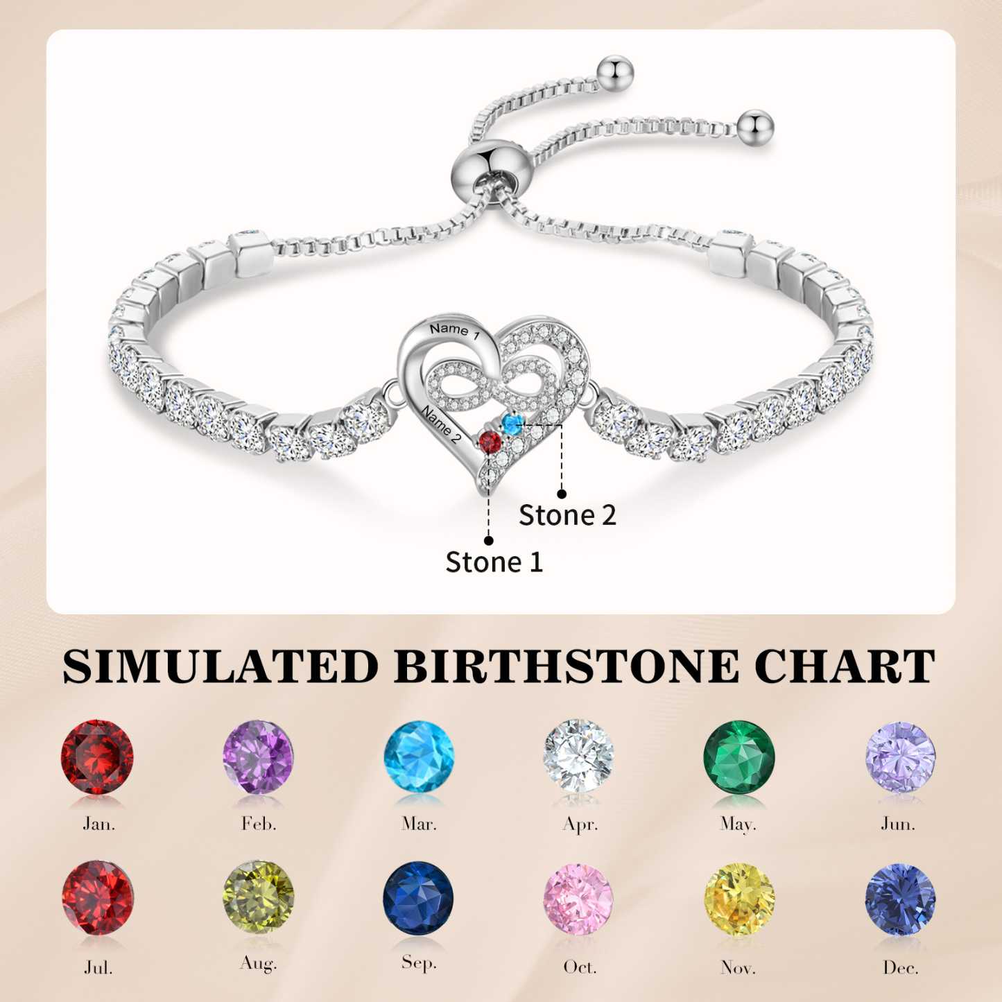 Personalized Tennis Bracelet with Infinity Heart Custom 2-4 Names and Birthstones Adjustable with Cubic Zirconia