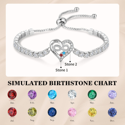 Personalized Tennis Bracelet with Infinity Heart Custom 2-4 Names and Birthstones Adjustable with Cubic Zirconia
