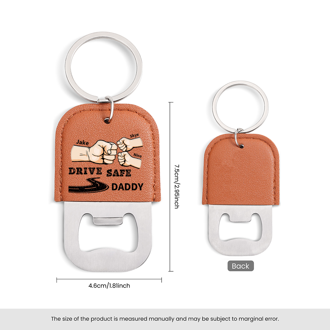 Personalized Leather Keychain With Bottle Opener For Dad Drive Safely