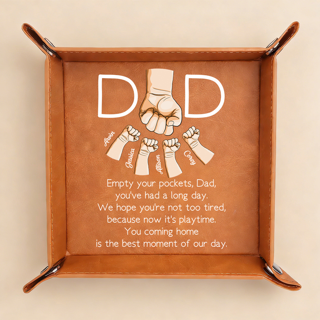 Personalized Leather Valet Tray for Dad Engraved with 1–6 Names and Fist-Bump Design – Father’s Day Gift for Dad, Grandpa, Husband | Jessemade