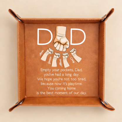 Personalized Leather Valet Tray for Dad Engraved with 1–6 Names and Fist-Bump Design – Father’s Day Gift for Dad, Grandpa, Husband | Jessemade