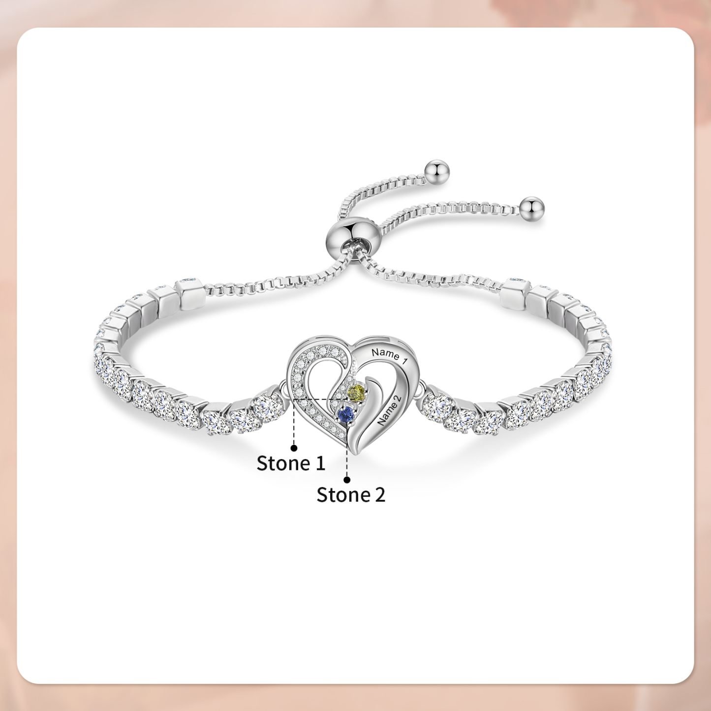 Personalized Diamond Heart Birthstone Tennis Bracelet with 2–5 Custom Names
