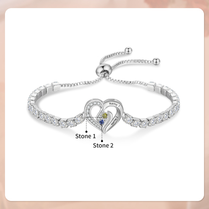 Personalized Diamond Heart Birthstone Tennis Bracelet with 2–5 Custom Names