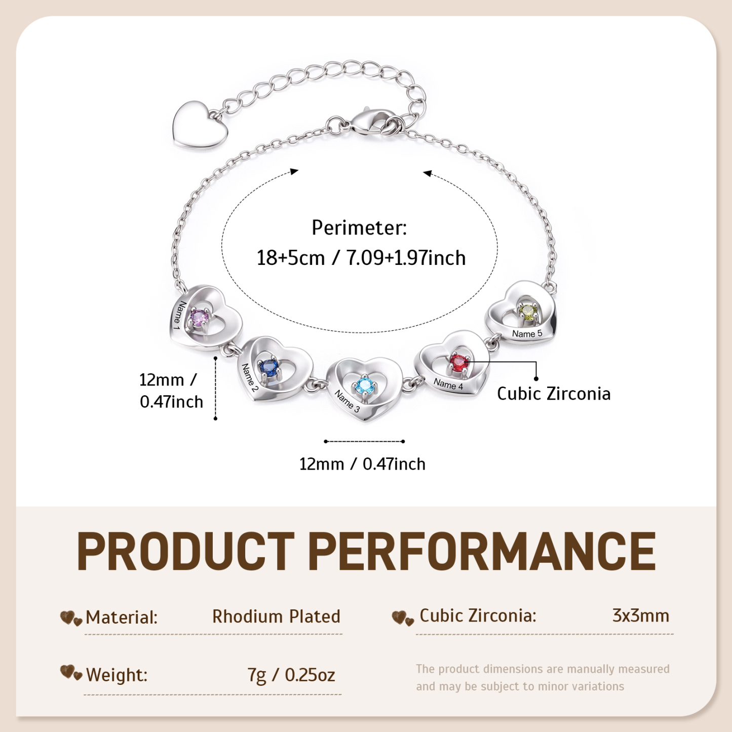 Personalized Linked Hearts Bracelet Customized with 2-5 Names and Birthstones Family Jewelry for Mom