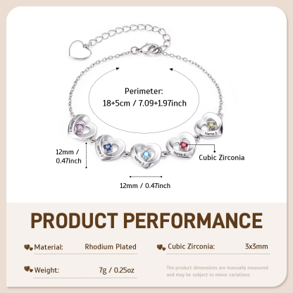 Personalized Linked Hearts Bracelet Customized with 2-5 Names and Birthstones Family Jewelry for Mom