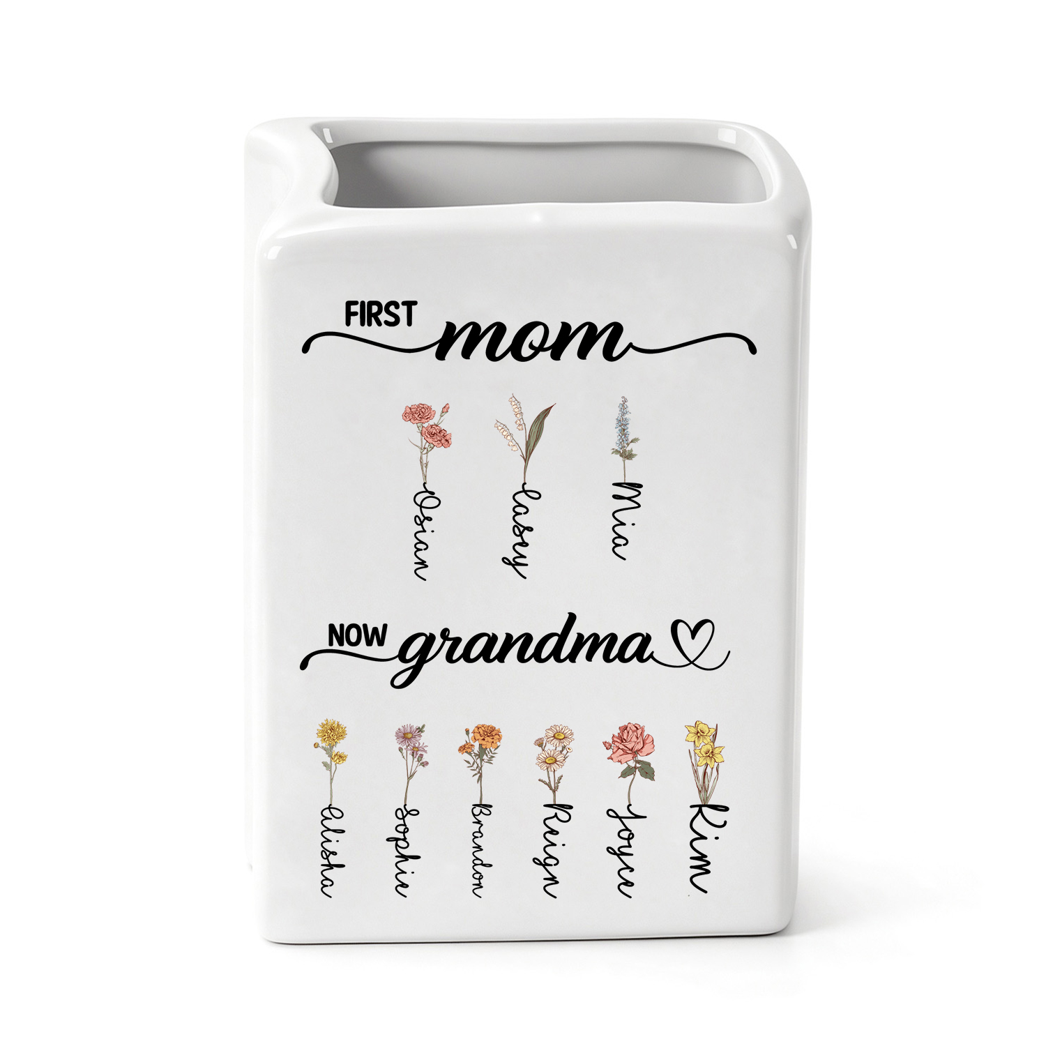Personalized Ceramic Vase for Grandma Customized with 2-12 Names and Birth Flowers