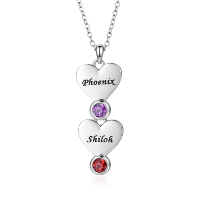 Personalized Necklace With Vertical Hearts Pendant Custom with 1-5 Names And Birthstones Gift For Mom