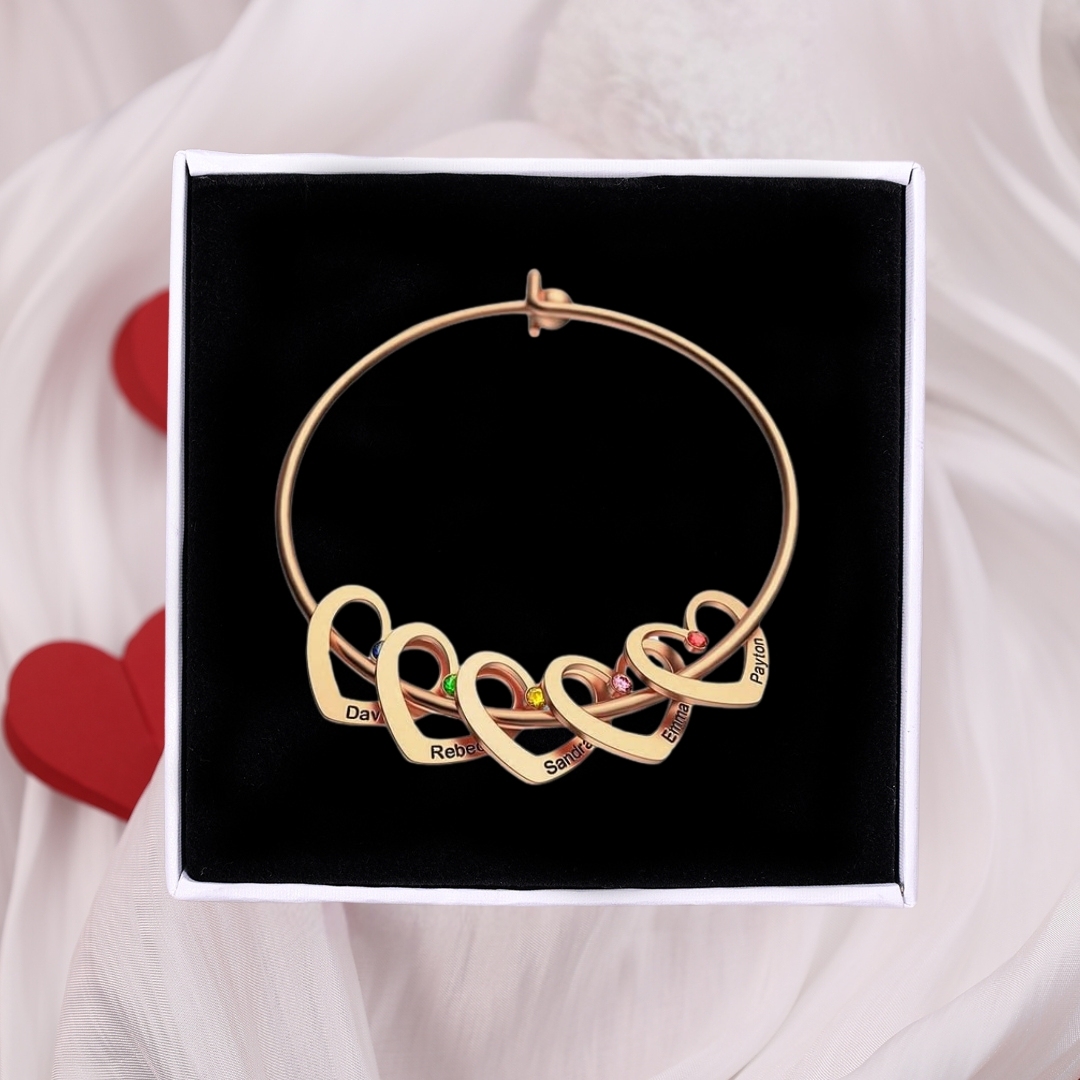 2 Names-Personalized Heart Bangle With 2 Names and Birthstones Bangle Bracelet Gifts For women