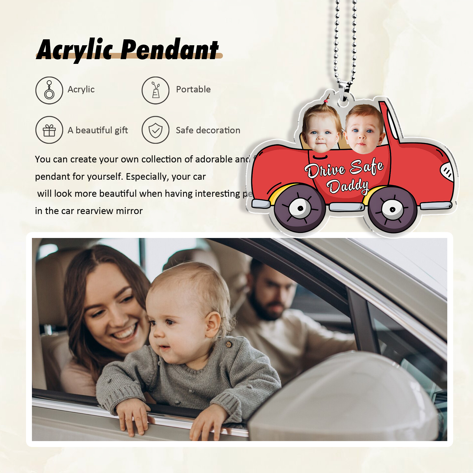 Acrylic Keychain/Decoration Personalized 2 Photos, Name And Text Driving Pattern Pendant For Dad