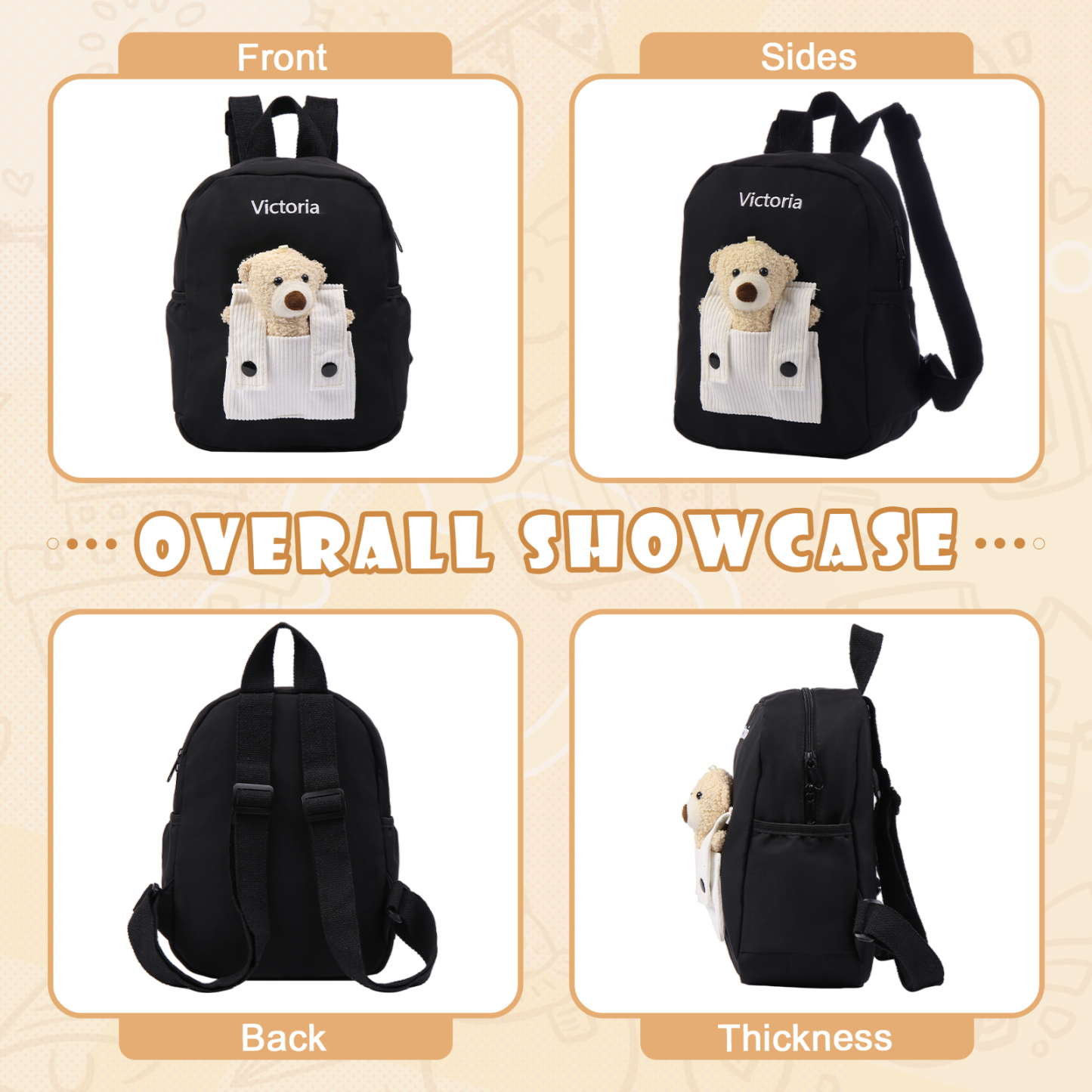 Personalized Bear Style School Bag Customized Name Canvas Kids Backpack Back to School Gift