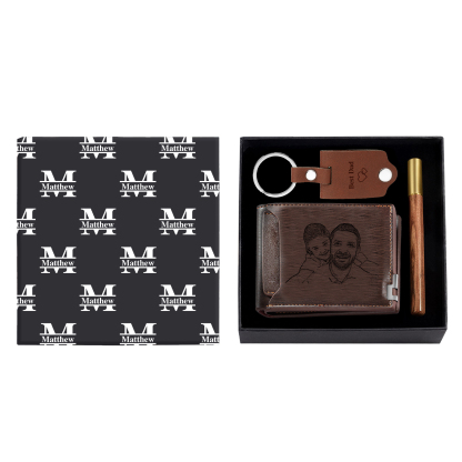 Personalized Leather Wallet Gift Box Set with Keychain Customizable 2 Photo, Name and 3 Text Wallet Gift for Him