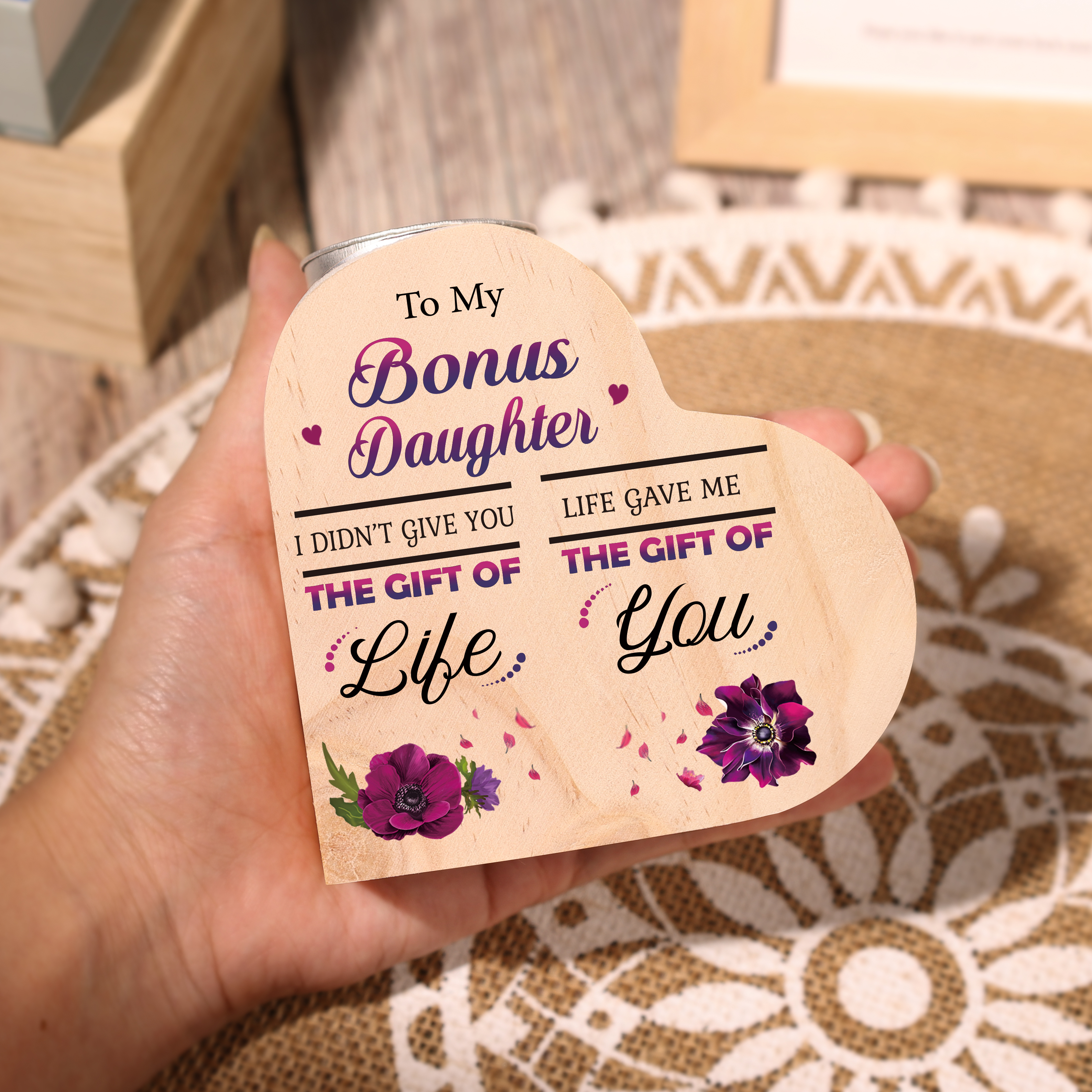 To My Bonus Daughter Christmas Gift Set with Violet Flower Heart Candle Holder Mug "Life Gave Me The Gift of You" Candlestick | Jessemade