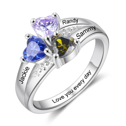 Personalized Heart Birthstone Ring with Engraving 3 Names and 3 Births