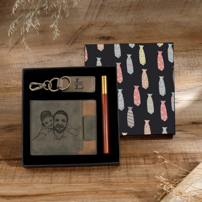 Personalized Leather Wallet Gift Box Set with Letter Name Keychain Customizable Photo Wallet Gift for Him