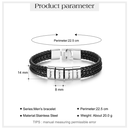 Personalized Braided Leather Bracelet Engraved 4 Names Men's Bracelet Gifts For Him