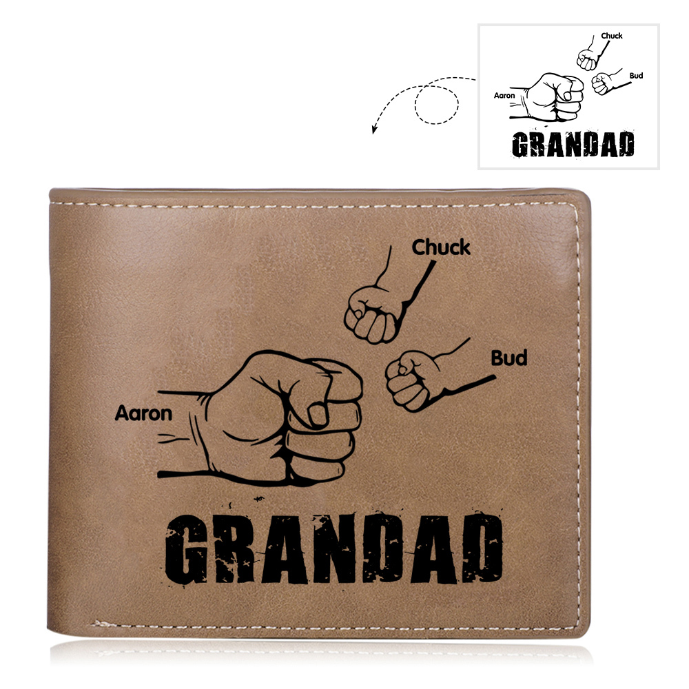 3 Names-Personalized Leather Men Wallet Engraved 3 Names Fist Bump Folding Wallet Gift For Grandad