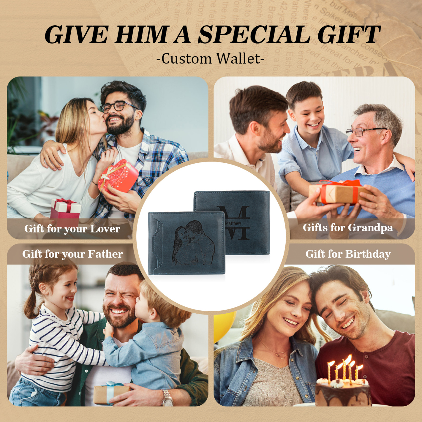 Personalized Name Leather Men's Wallet With Card Slot Engraved Letter And Photo Gift For Him