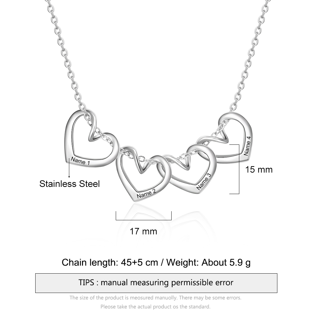 4 Names-Personalized Stainless Hearts Necklace Custom Birthstone Engraved Name Necklace Gift