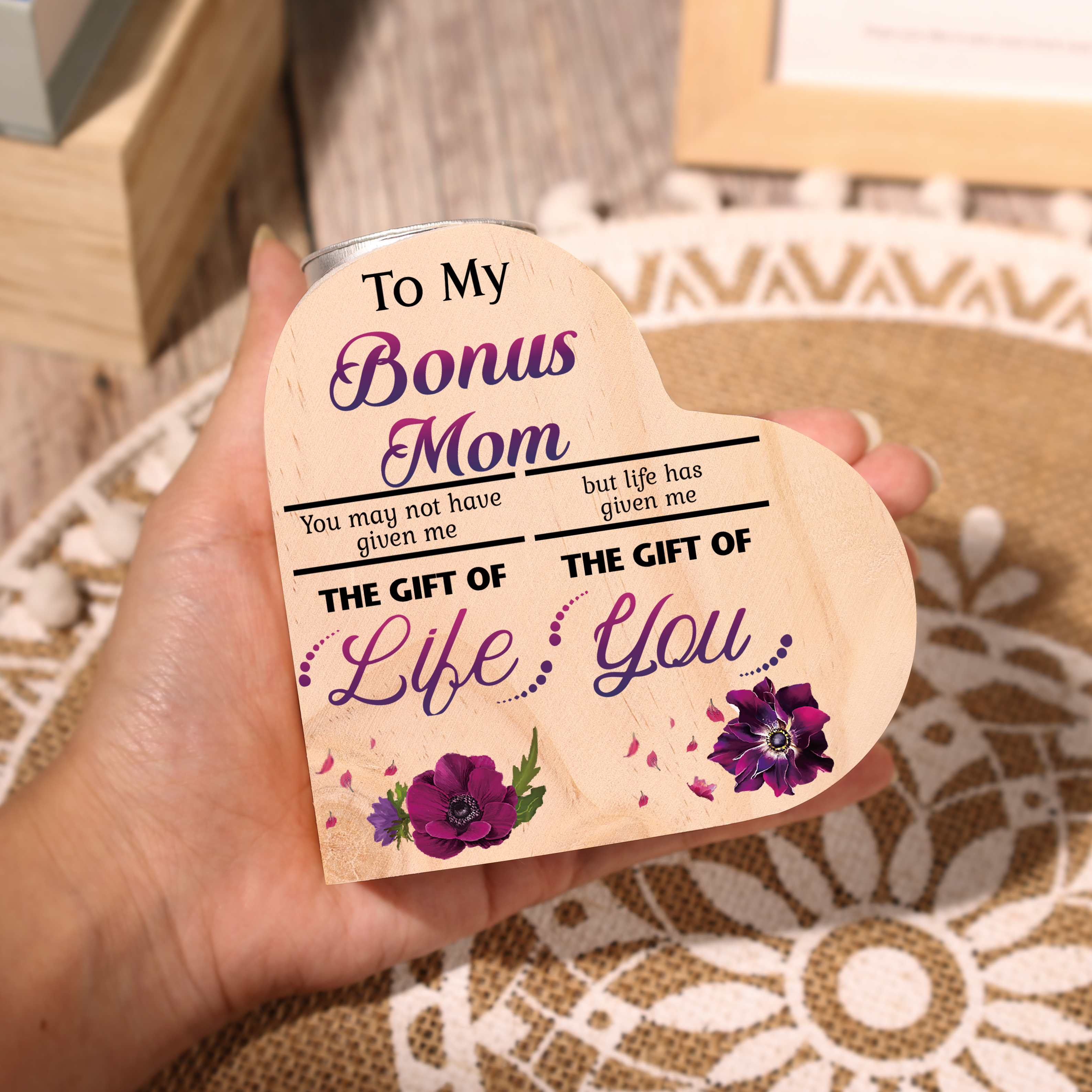 To My Bonus Mom Violet Flower Heart Candle Holder "Life Has Given Me The Gift of You" Wooden Candlestick