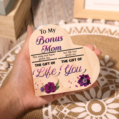 To My Bonus Mom Violet Flower Heart Candle Holder "Life Has Given Me The Gift of You" Wooden Candlestick