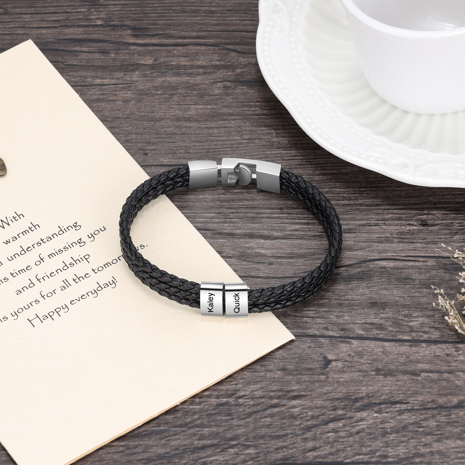 Personalized Braided Leather Bracelet Engraved 2 Names Men's Bracelet Gifts For Him
