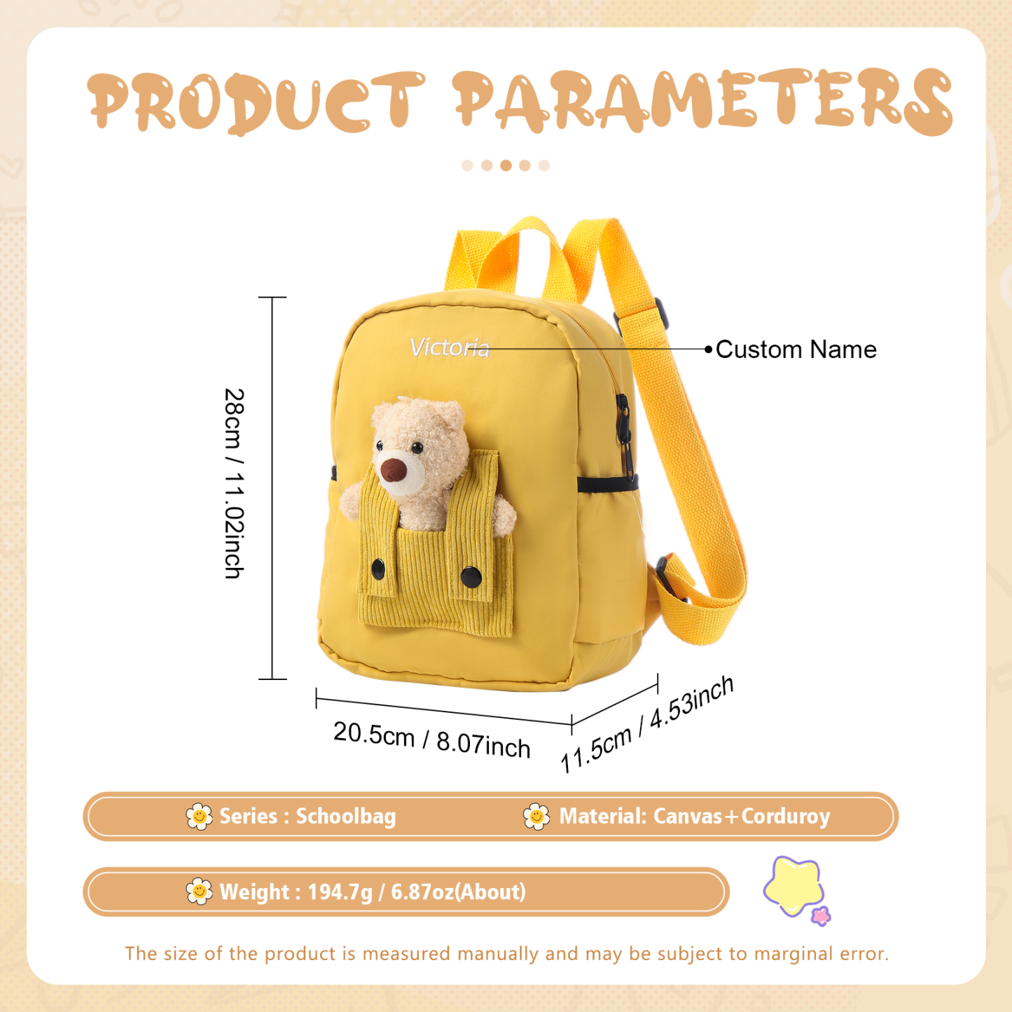 Personalized Bear Style School Bag Customized Name Canvas Kids Backpack Back to School Gift