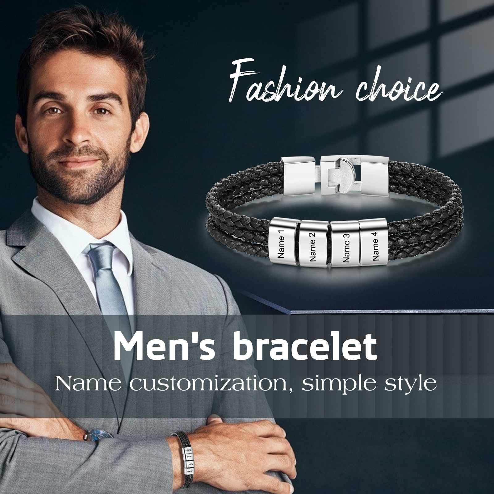 Personalized Braided Leather Bracelet Engraved 4 Names Men's Bracelet Gifts For Him