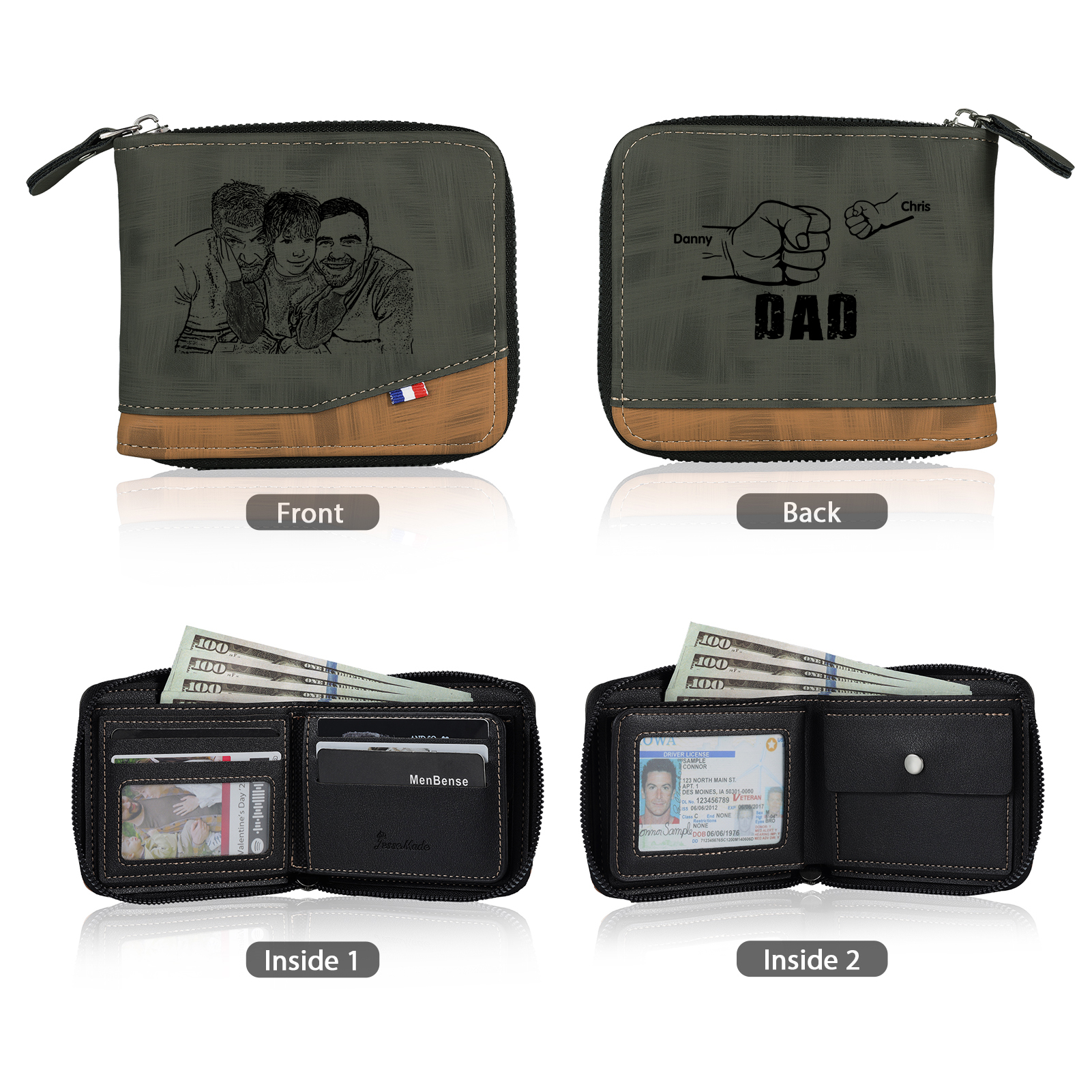 2 Names - Personalized Photo Custom Leather Men's Zipper Wallet as a Father's Day Gift for Dad
