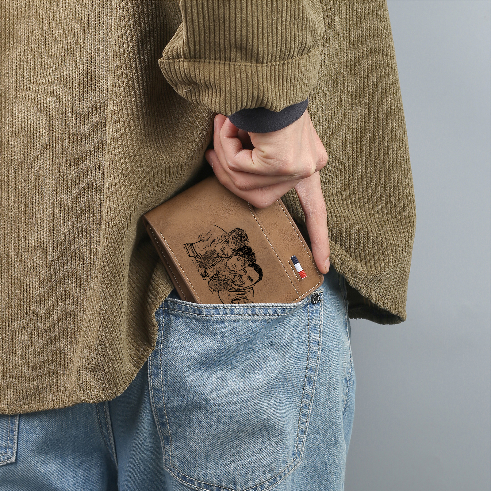 3-Names Personalized Leather Men's wallet With Card Slot Engraved With Name And Photo For Papa As a Father's Day Unique Gift