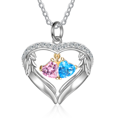 Personalized Wings S925 Silver Necklace With 2 Heart Birthstones Engraved Names Gift For Women