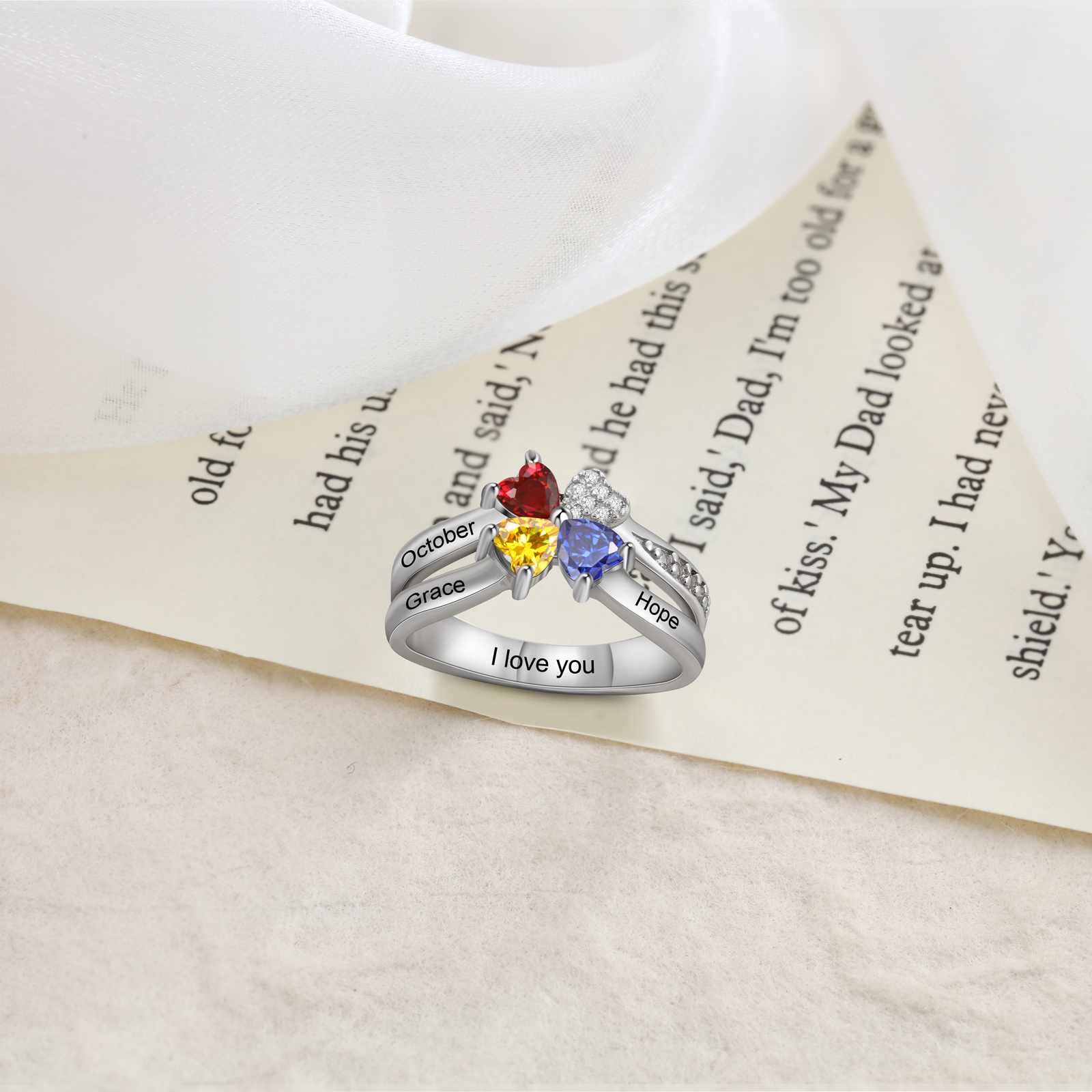 Personalized Ring With 3 Birthstones Engraved Names Ring Best Gift For Women