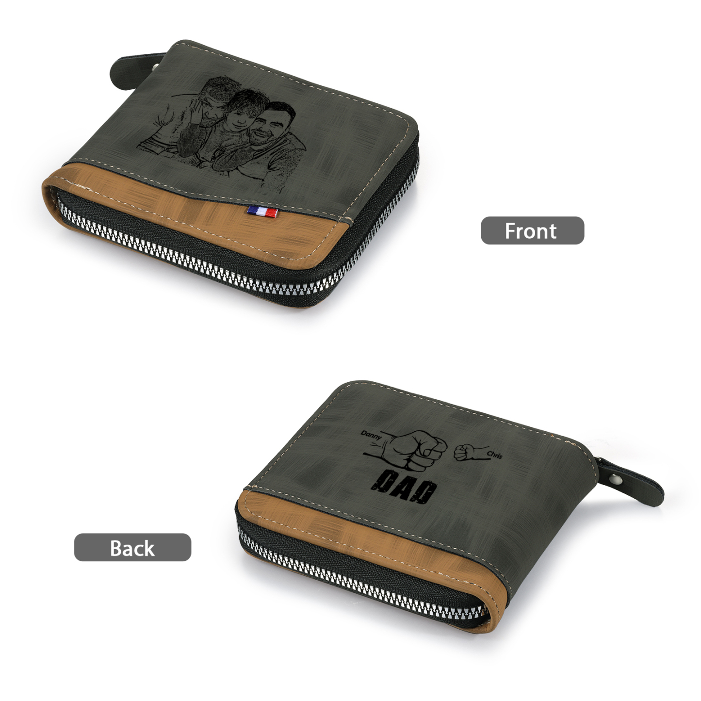 2 Names - Personalized Photo Custom Leather Men's Zipper Wallet as a Father's Day Gift for Dad
