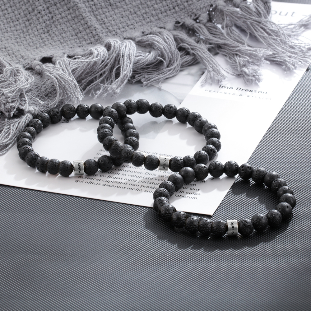 1 Name Black Lava Beads Bracelet Men's Bracelet with Lion Card Custom Gift for Dad