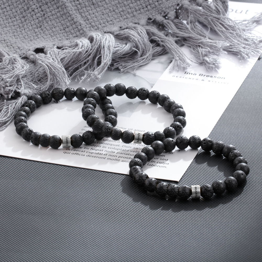 1 Name Black Lava Beads Bracelet Men's Bracelet with Lion Card Custom Gift for Dad